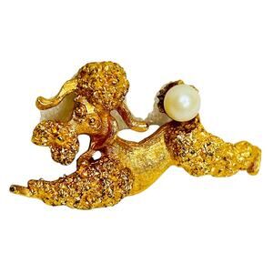 Vintage Gold Tone Playful Dog Faux Pearl Tail Brooch